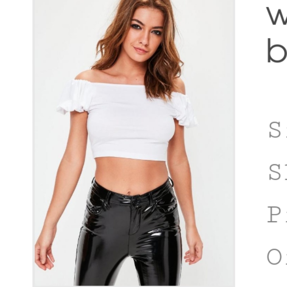 White puffy sleeve bardot crop top